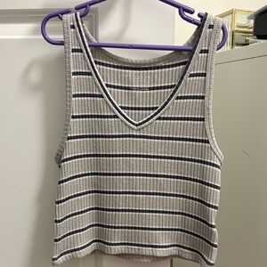 American Eagle Outfitters Ribbed V-Neck Tank Top - Cream with Black Stripes